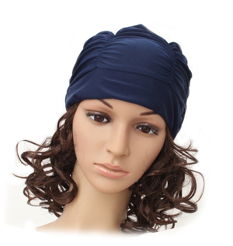 Ewandastore Ewanda store Colorful Pleated Nylon Cloth Swim Cap Large Swimming Cap Hot Spring Bathing Caps for Adult Men Women Long Hair(Navy Blue) - Image 1